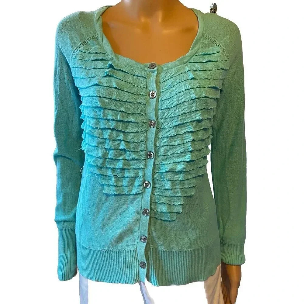 Y2K DKNY Jeans Women’s XS Knit Ruffle Sweater Cardigan Blue Stretch Lightweight